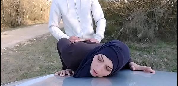 This muslim bitch gets her pussy and ass filled while her husband waits for her in the car !